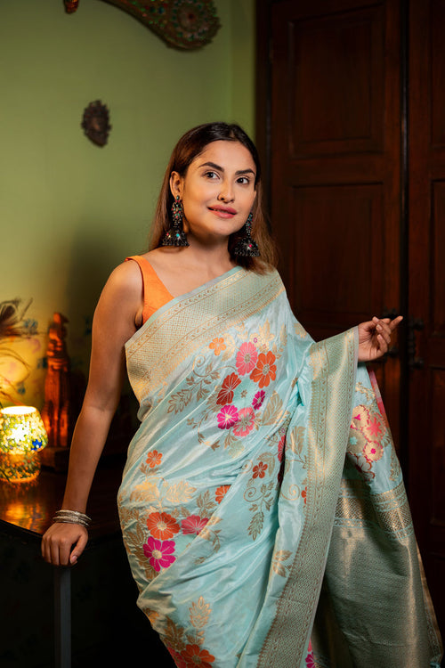 Load image into Gallery viewer, Evocative Sky Soft Banarasi Silk Saree With Petrichor Blouse Piece
