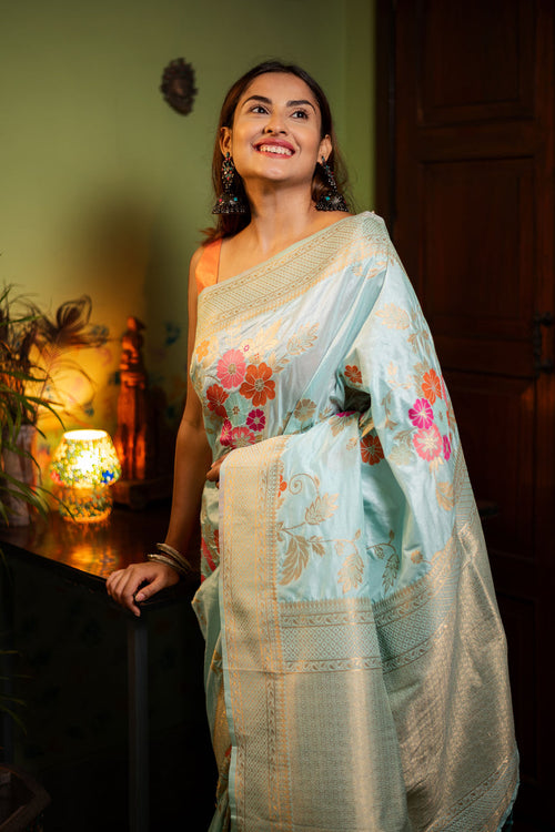 Load image into Gallery viewer, Evocative Sky Soft Banarasi Silk Saree With Petrichor Blouse Piece
