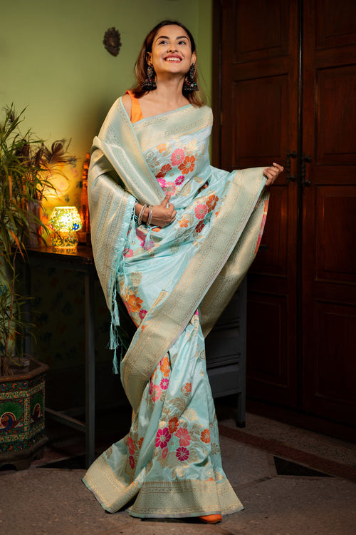 Load image into Gallery viewer, Evocative Sky Soft Banarasi Silk Saree With Petrichor Blouse Piece
