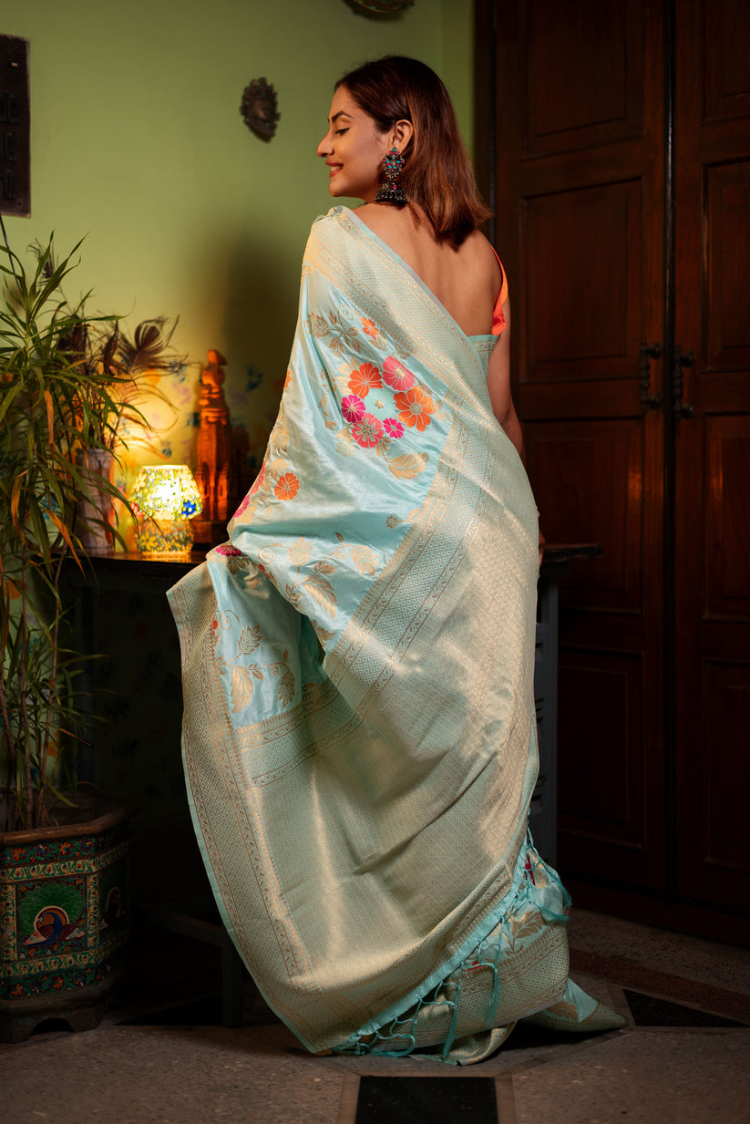 Evocative Sky Soft Banarasi Silk Saree With Petrichor Blouse Piece