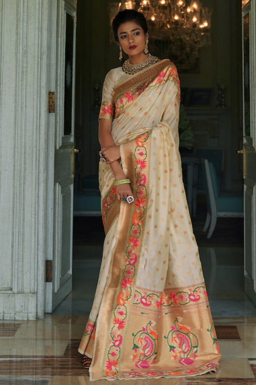 Off White Paithani Saree With Zari Weaving Work – Bahuji - Online Fashion &  Lifestyle Store