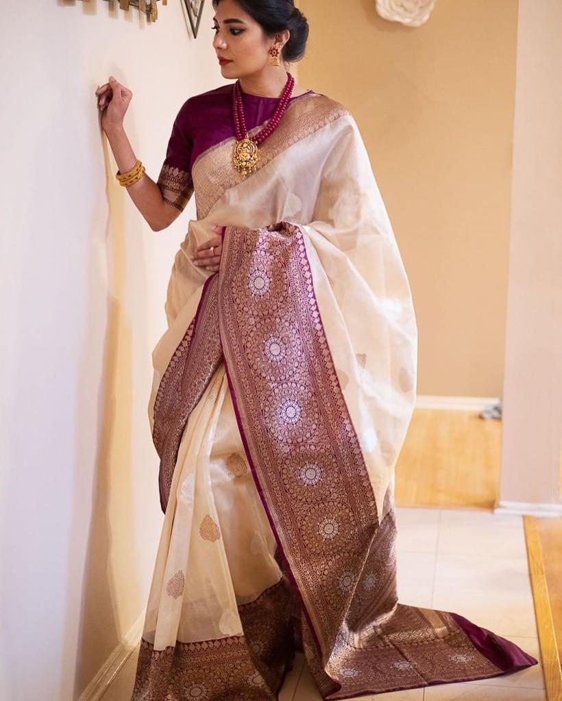 Demanding Beige Soft Banarasi Silk Saree With Adorable Blouse Piece