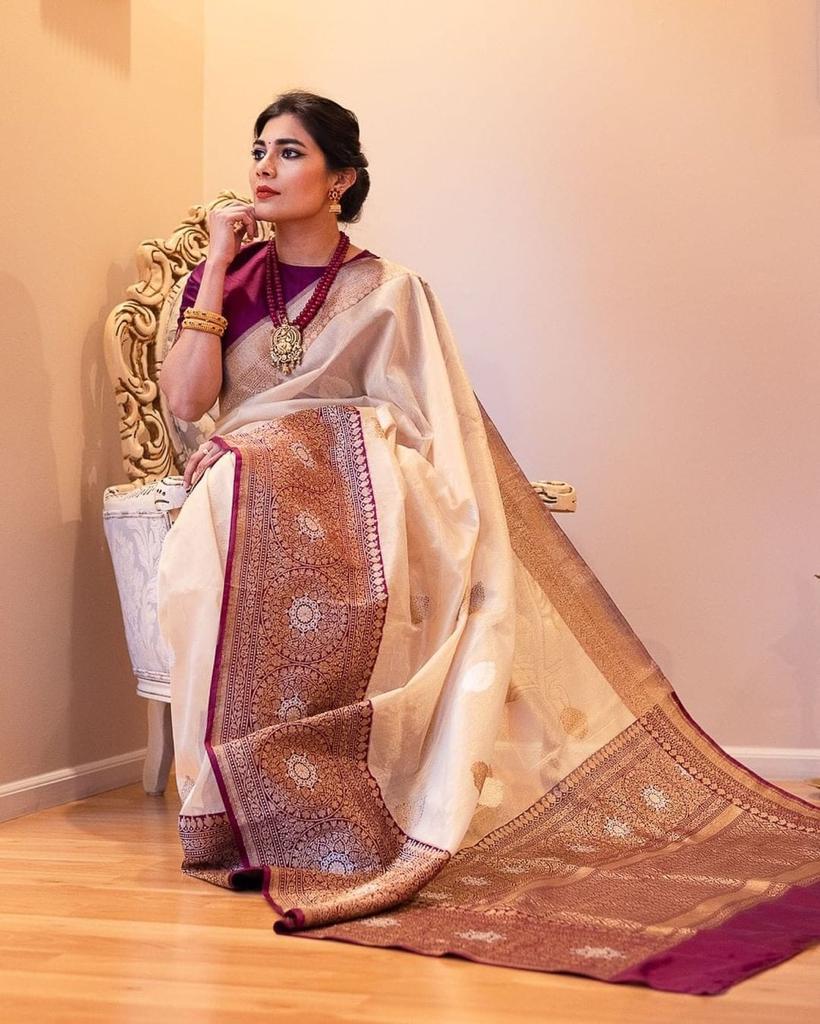 Demanding Beige Soft Banarasi Silk Saree With Adorable Blouse Piece