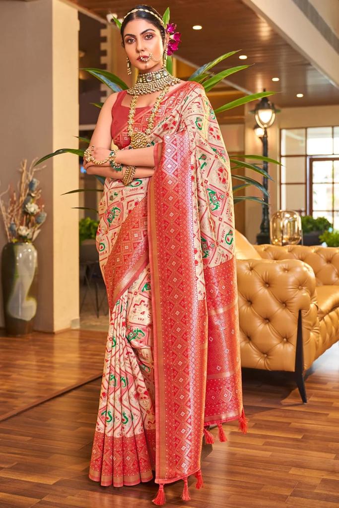 Trendy Beige Patola Silk Saree with Innovative Blouse Piece