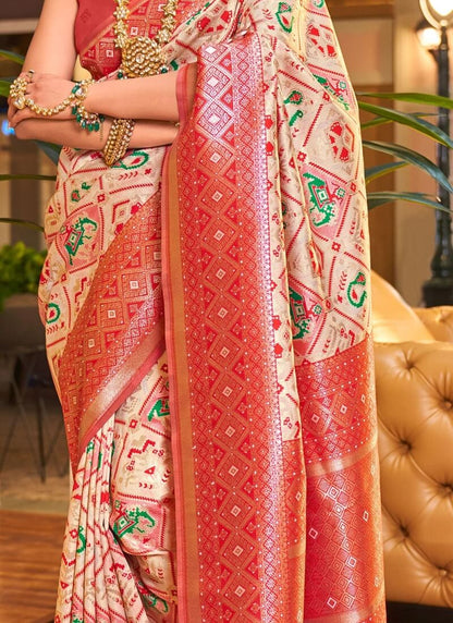 Trendy Beige Patola Silk Saree with Innovative Blouse Piece