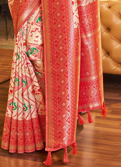 Trendy Beige Patola Silk Saree with Innovative Blouse Piece