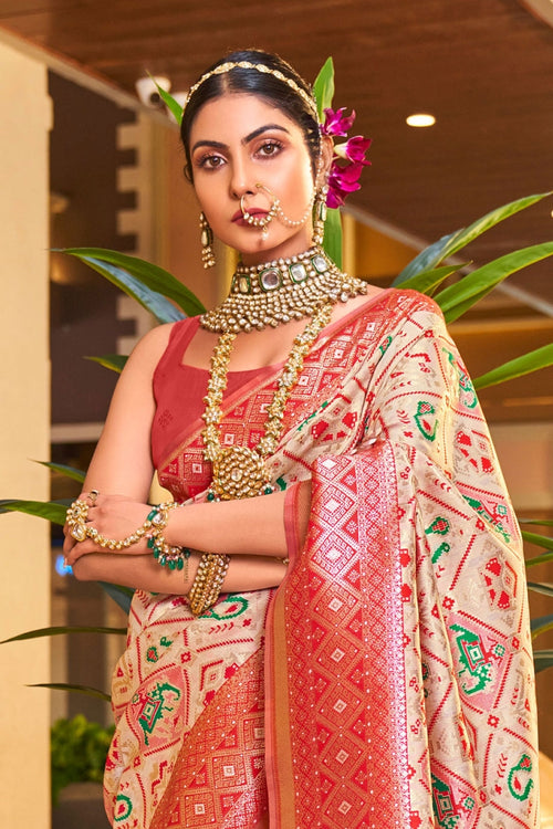 Load image into Gallery viewer, Trendy Beige Patola Silk Saree with Innovative Blouse Piece
