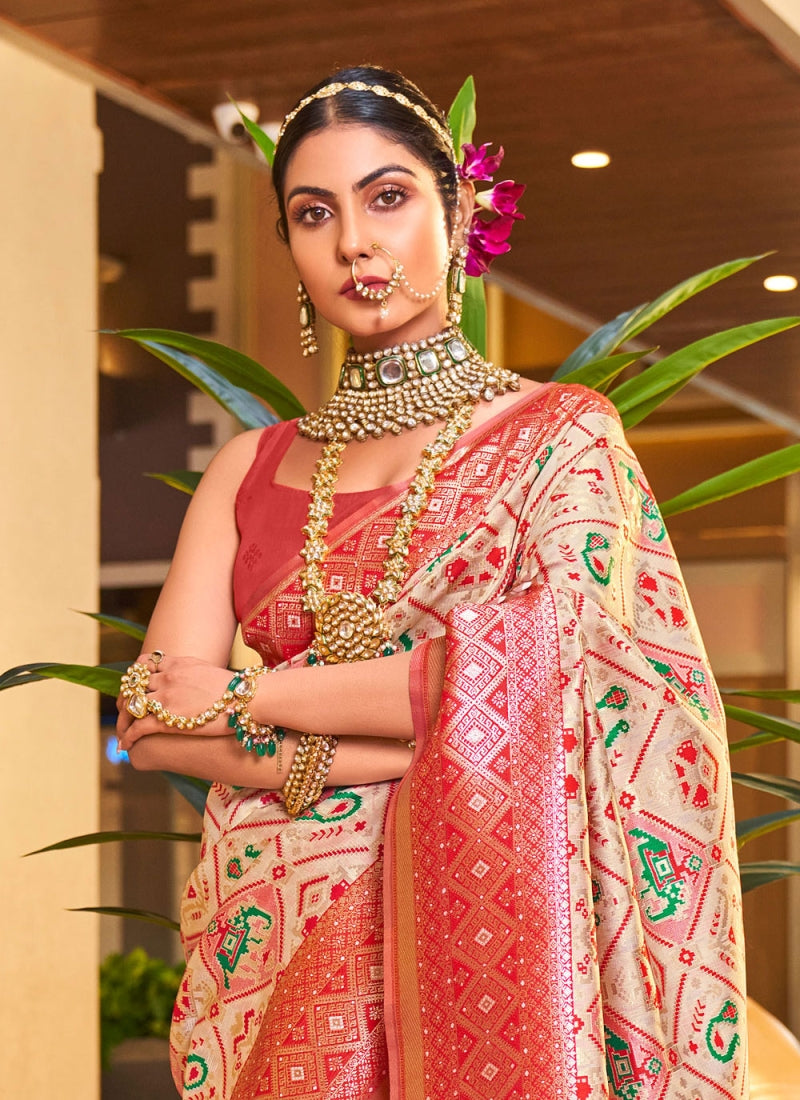 Trendy Beige Patola Silk Saree with Innovative Blouse Piece