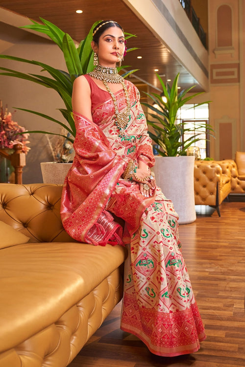 Load image into Gallery viewer, Trendy Beige Patola Silk Saree with Innovative Blouse Piece
