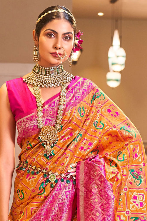 Load image into Gallery viewer, Lovely Orange Patola Silk Saree with Sensational Blouse Piece
