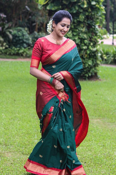 Deserving Rama Soft Banarasi Silk Saree With Sizzling Blouse Piece