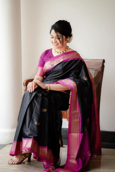 Beautiful Black Soft Banarasi Silk Saree With Girlish Blouse Piece