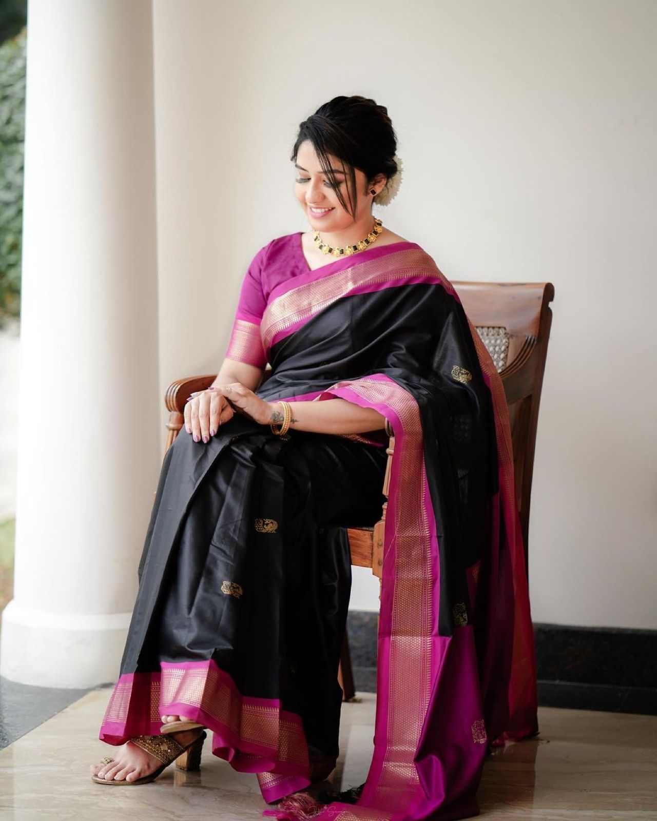 Beautiful Black Soft Banarasi Silk Saree With Girlish Blouse Piece