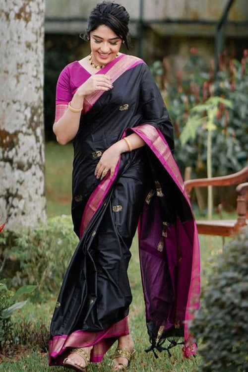 Load image into Gallery viewer, Beautiful Black Soft Banarasi Silk Saree With Girlish Blouse Piece
