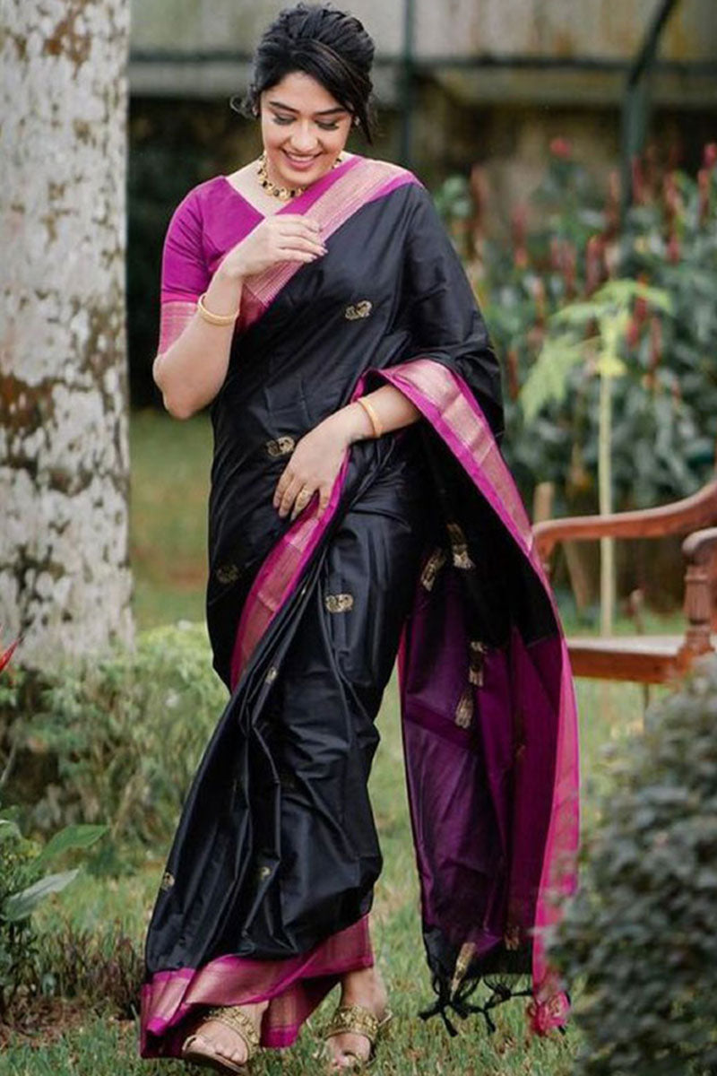 Beautiful Black Soft Banarasi Silk Saree With Girlish Blouse Piece