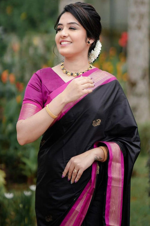 Load image into Gallery viewer, Beautiful Black Soft Banarasi Silk Saree With Girlish Blouse Piece
