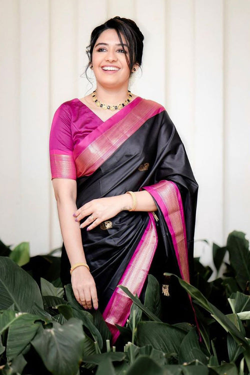 Load image into Gallery viewer, Beautiful Black Soft Banarasi Silk Saree With Girlish Blouse Piece
