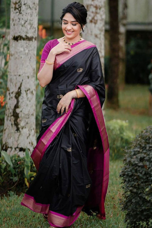 Load image into Gallery viewer, Beautiful Black Soft Banarasi Silk Saree With Girlish Blouse Piece
