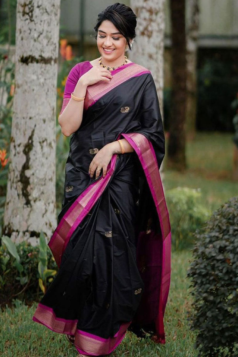 Beautiful Black Soft Banarasi Silk Saree With Girlish Blouse Piece