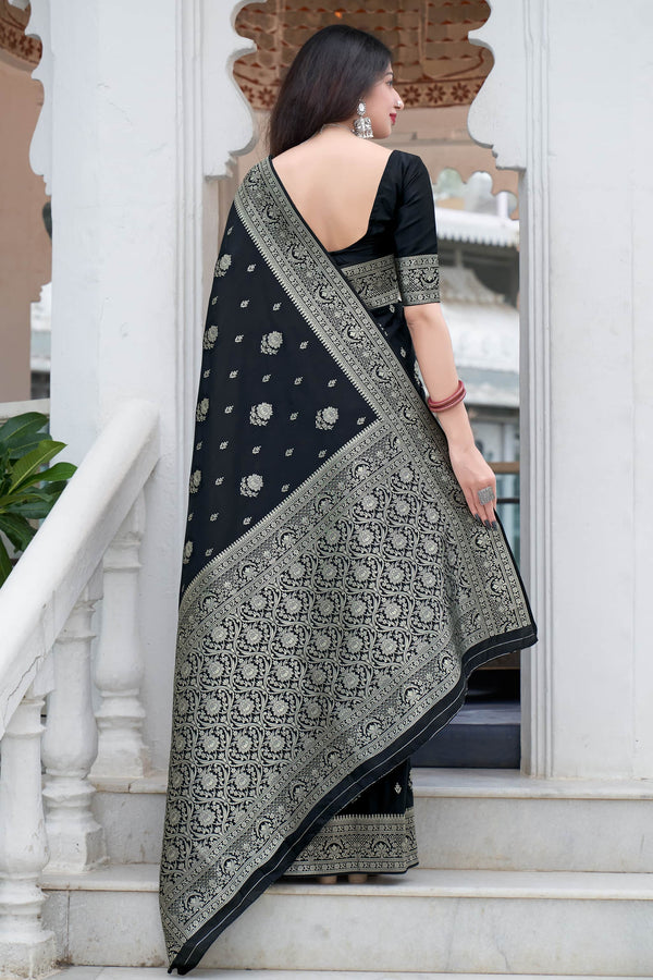 Engrossing Black Soft Silk Saree With Super classy Blouse Piece