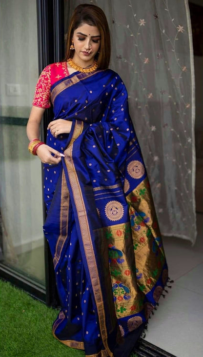 Designer Royal Blue Paithani Silk Saree With Flameboyant Blouse Piece
