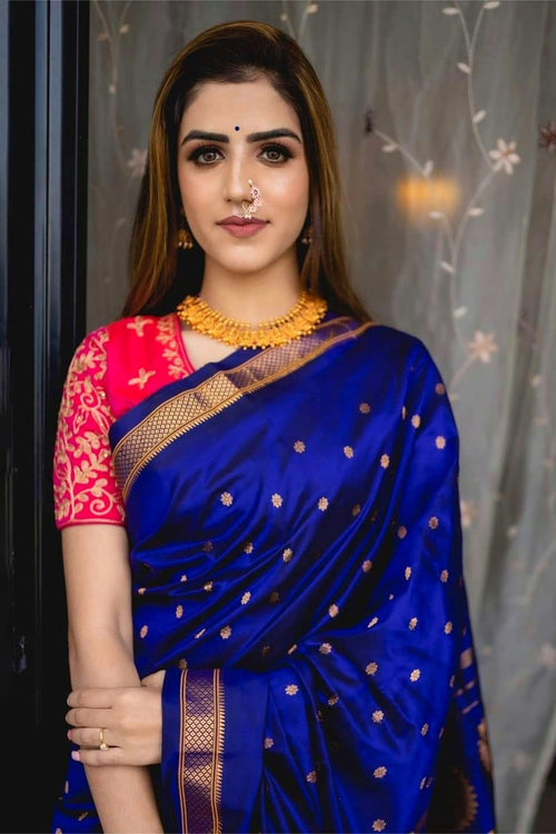 Load image into Gallery viewer, Designer Royal Blue Paithani Silk Saree With Flameboyant Blouse Piece
