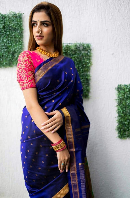 Designer Royal Blue Paithani Silk Saree With Flameboyant Blouse Piece