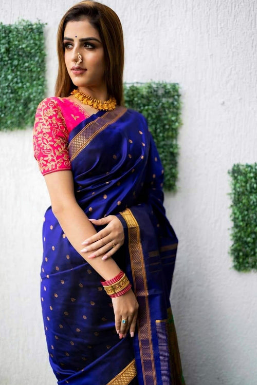 Load image into Gallery viewer, Designer Royal Blue Paithani Silk Saree With Flameboyant Blouse Piece
