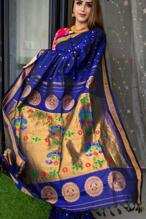 Load image into Gallery viewer, Designer Royal Blue Paithani Silk Saree With Flameboyant Blouse Piece
