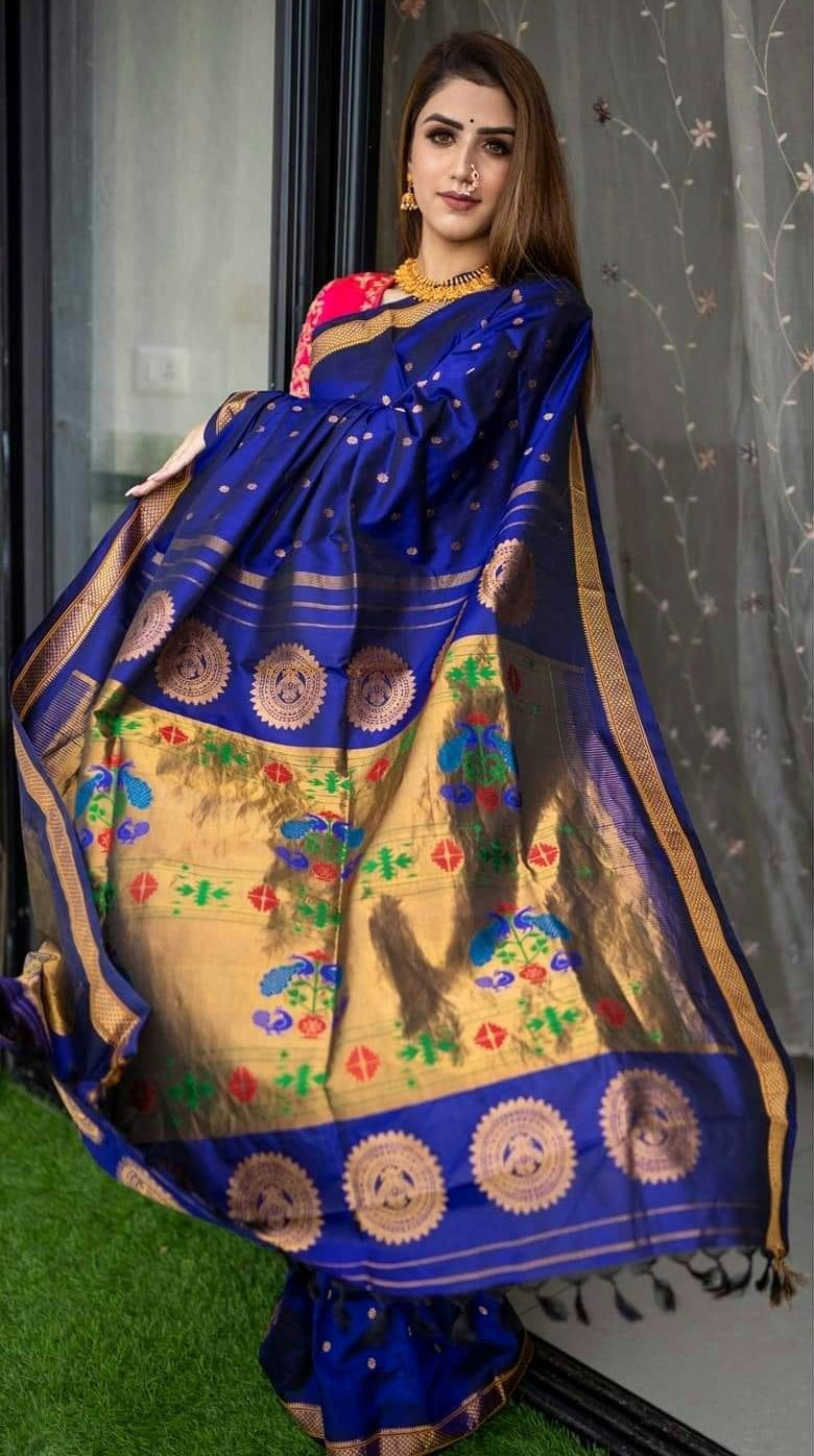 Designer Royal Blue Paithani Silk Saree With Flameboyant Blouse Piece