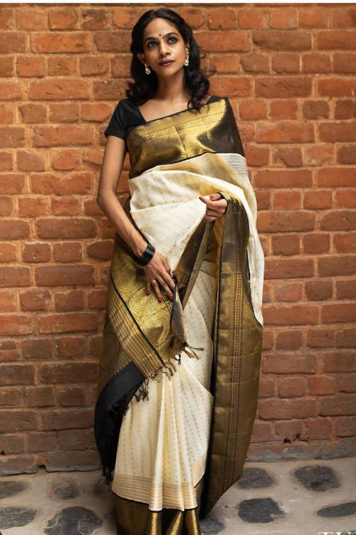 Soft Silk Off White Handloom Banarasi Saree Online Shopping – Sunasa