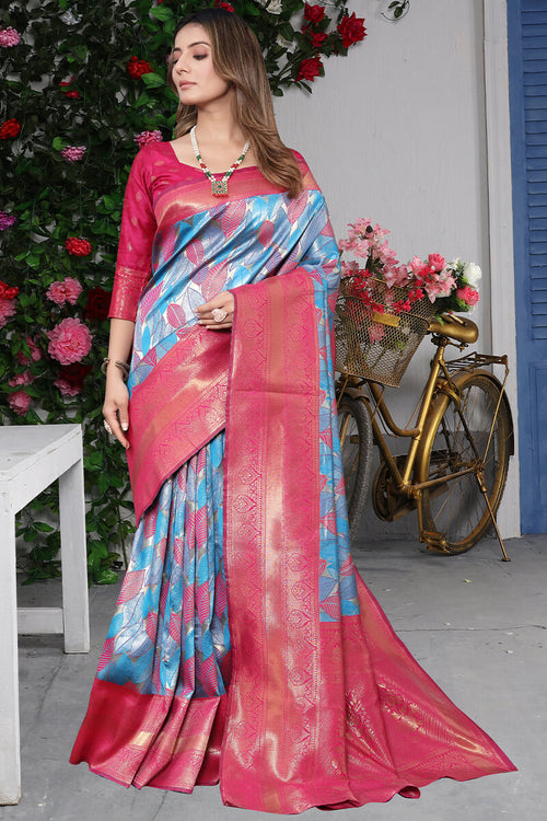 Load image into Gallery viewer, Fancifull Sky Kanjivaram Silk Saree With Twirling Blouse Piece
