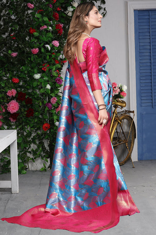 Load image into Gallery viewer, Fancifull Sky Kanjivaram Silk Saree With Twirling Blouse Piece
