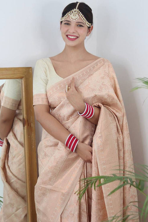 Load image into Gallery viewer, Enchanting Beige Kanjivaram Silk Saree With Whimsical Blouse Piece
