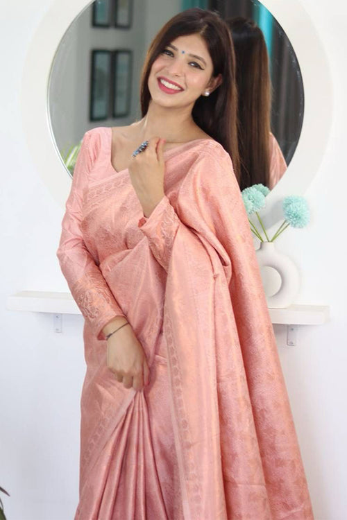 Load image into Gallery viewer, Tremendous Peach Kanjivaram Silk Saree With Whimsical Blouse Piece
