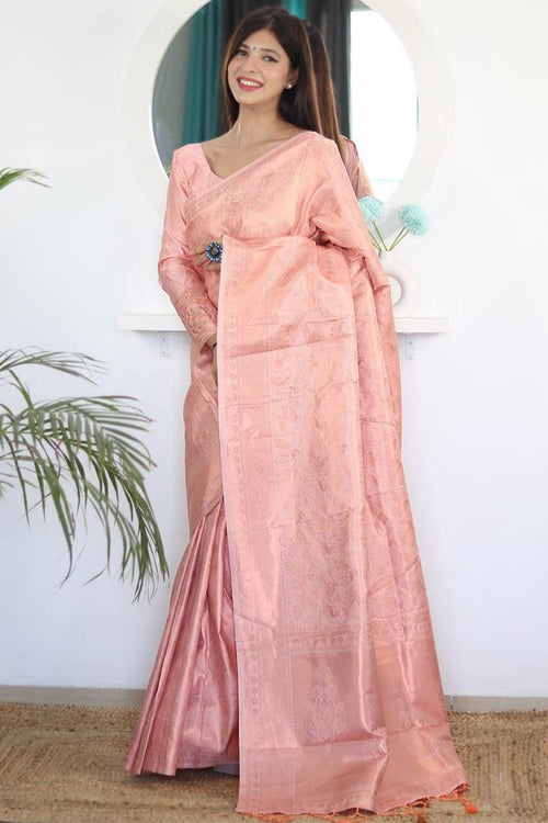 Load image into Gallery viewer, Tremendous Peach Kanjivaram Silk Saree With Whimsical Blouse Piece
