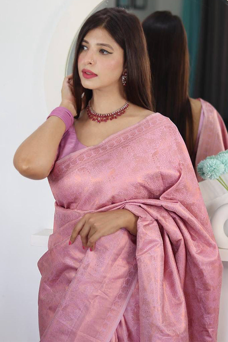 Prodigal Pink Kanjivaram Silk Saree With Enamoring Blouse Piece