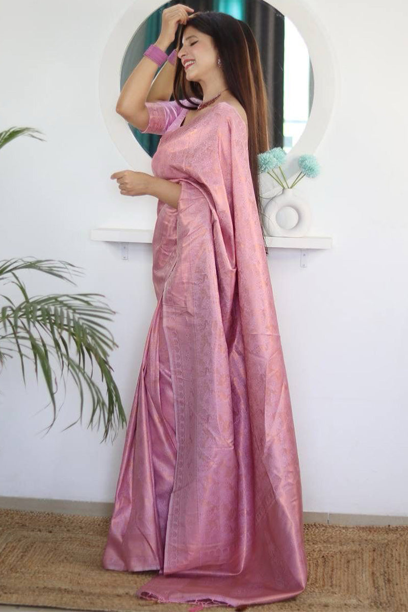 Prodigal Pink Kanjivaram Silk Saree With Enamoring Blouse Piece