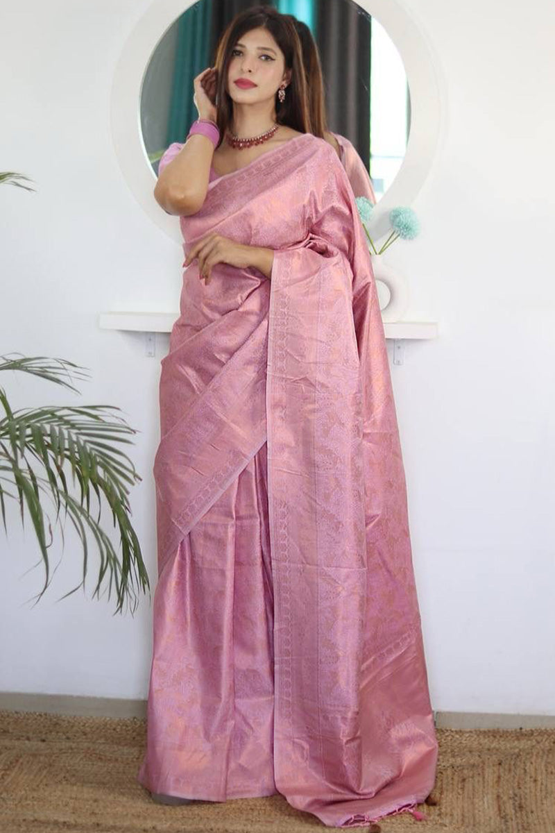 Prodigal Pink Kanjivaram Silk Saree With Enamoring Blouse Piece