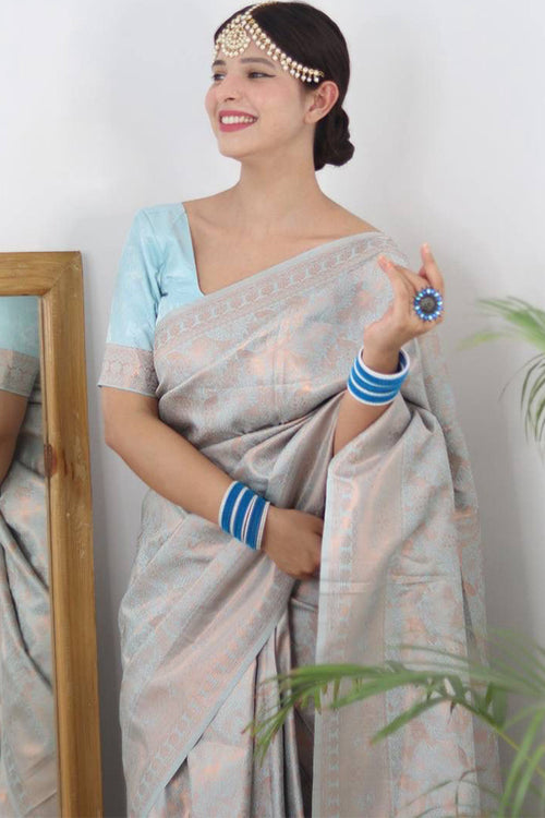 Load image into Gallery viewer, Snappy Sky Kanjivaram Silk Saree With Ornate Blouse Piece
