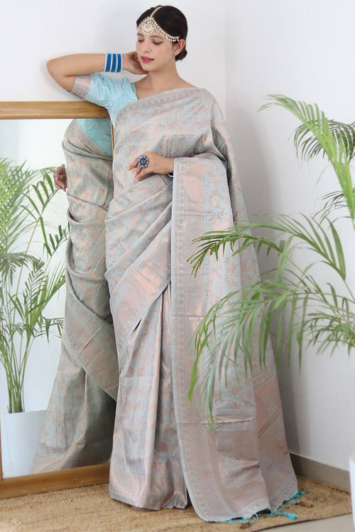 Load image into Gallery viewer, Snappy Sky Kanjivaram Silk Saree With Ornate Blouse Piece
