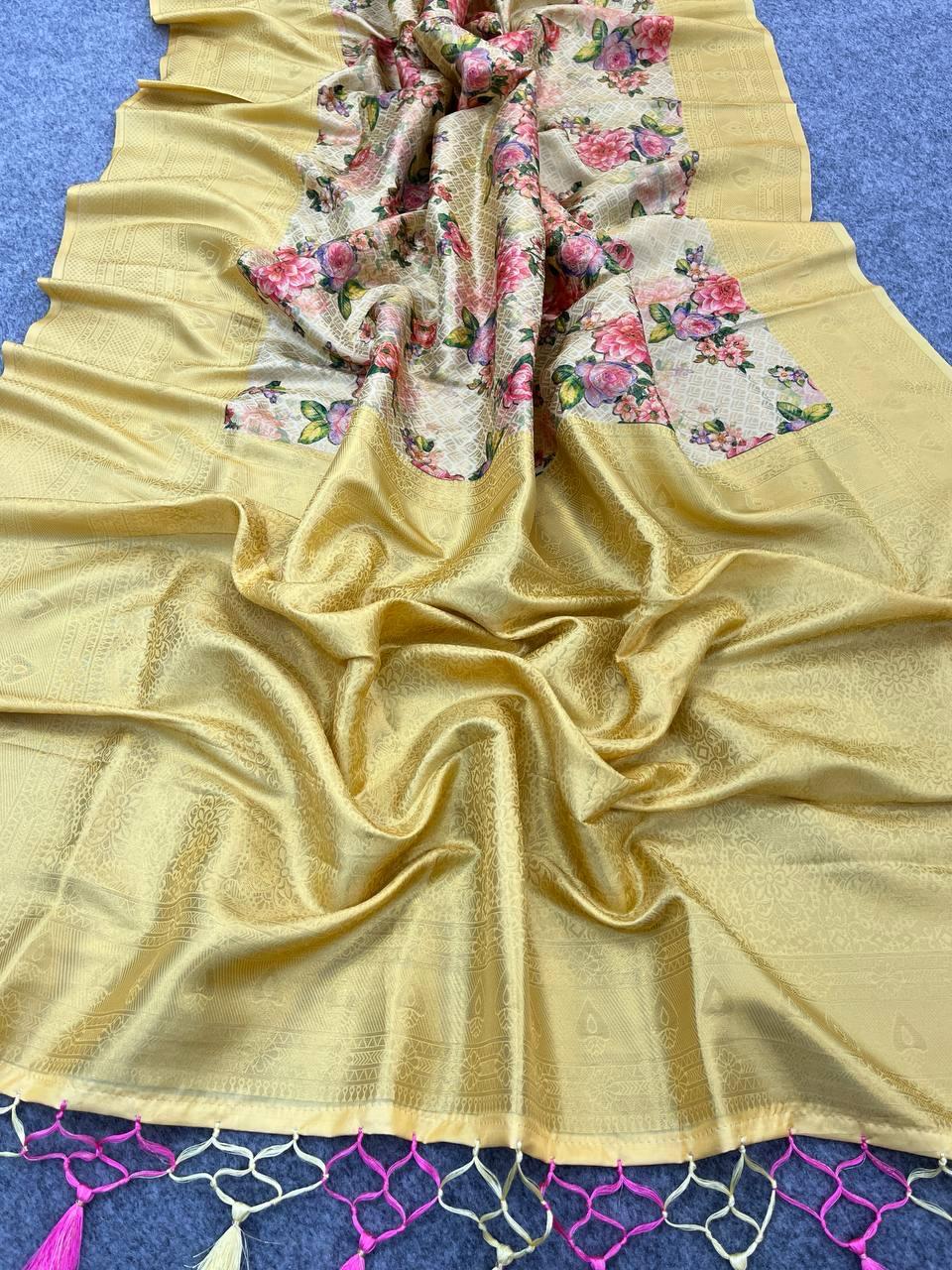 Refreshing Beige Digital Printed Soft Silk Saree With Marvellous Blouse Piece