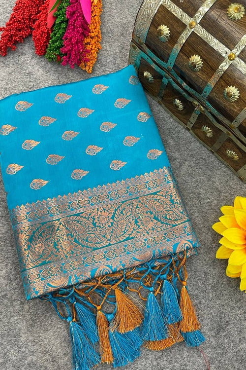 Load image into Gallery viewer, Pleasurable Firozi Soft Banarasi Silk Saree With Imbrication Blouse Piece
