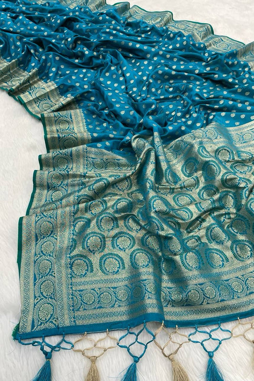 Load image into Gallery viewer, Fairytale Firozi Soft Banarasi Silk Saree With Ephemeral Blouse Piece
