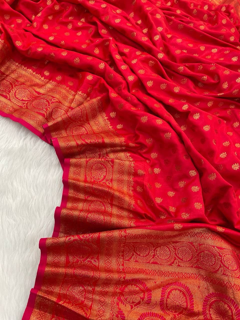 Bucolic Red Soft Banarasi Silk Saree With Angelic Blouse Piece