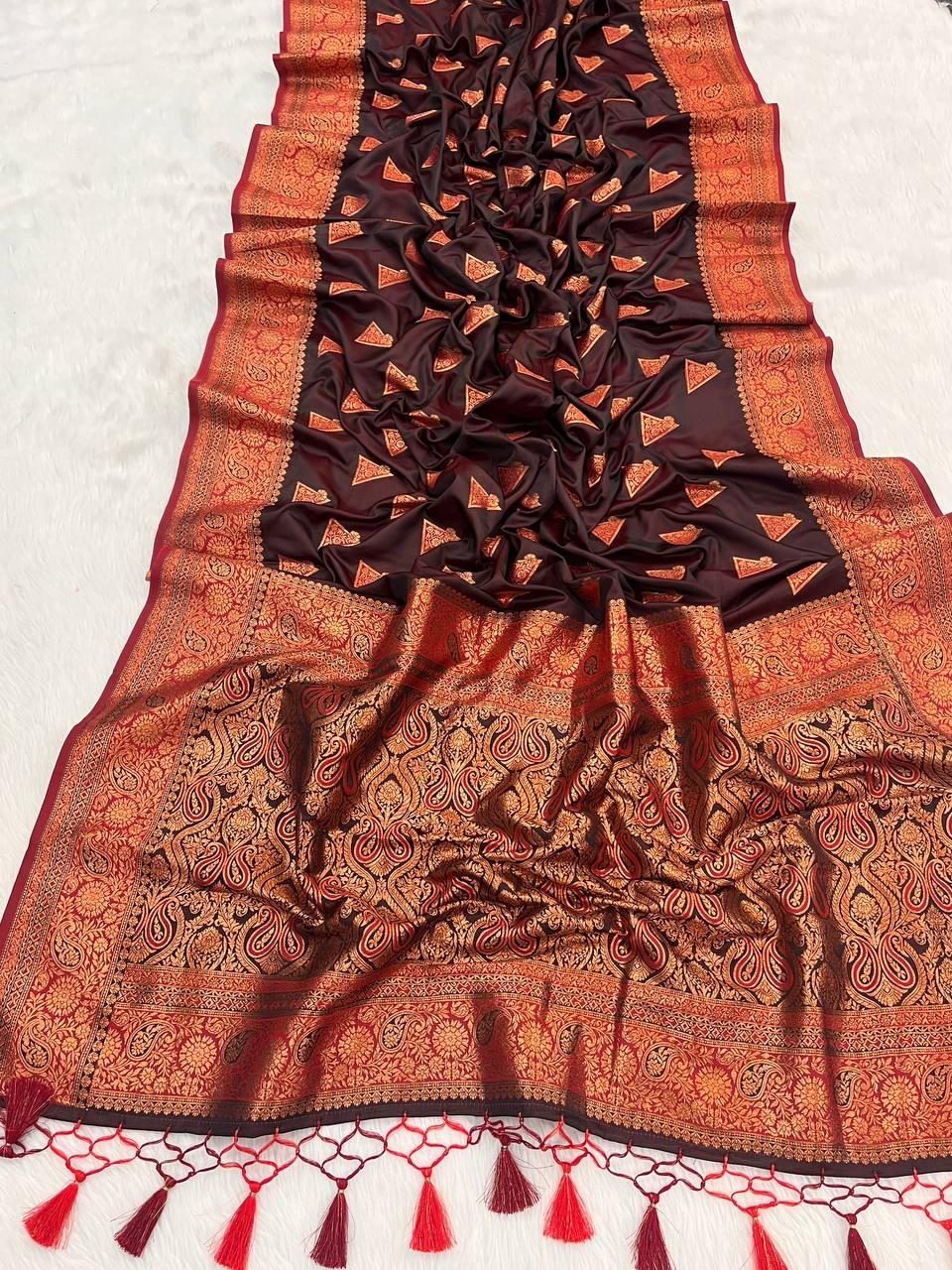 Bucolic Wine Soft Banarasi Silk Saree With Traditional Blouse Piece