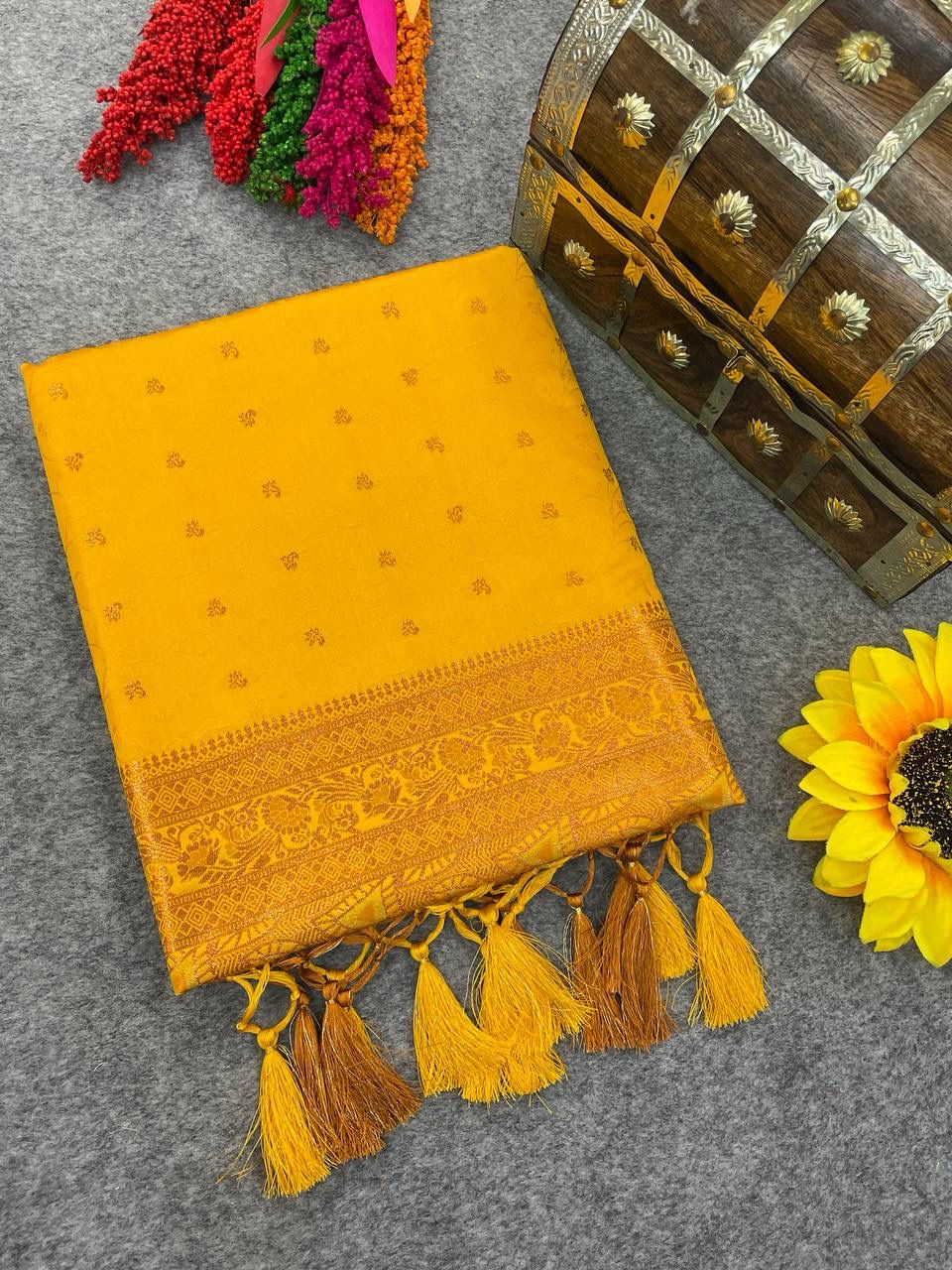 Divine Yellow Soft Banarasi Silk Saree With Ephemeral Blouse Piece