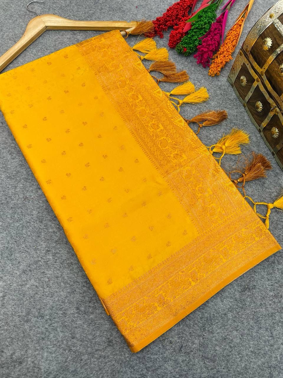 Divine Yellow Soft Banarasi Silk Saree With Ephemeral Blouse Piece