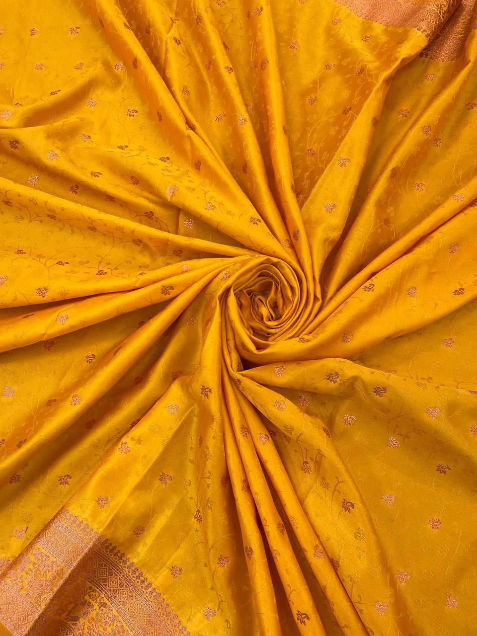 Divine Yellow Soft Banarasi Silk Saree With Ephemeral Blouse Piece