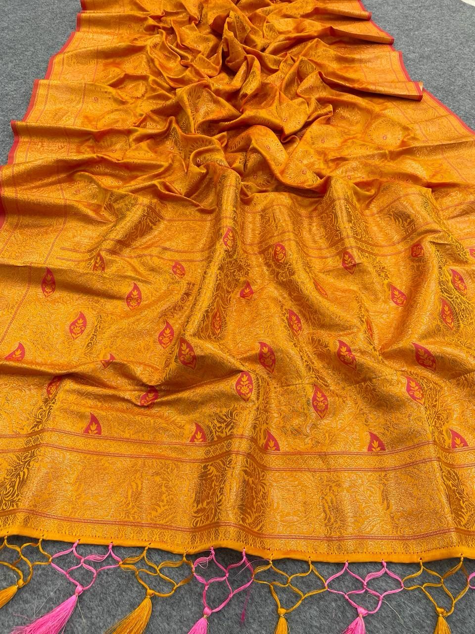 Supernal Mustard Kanjivaram Silk Saree With Panache Blouse Piece